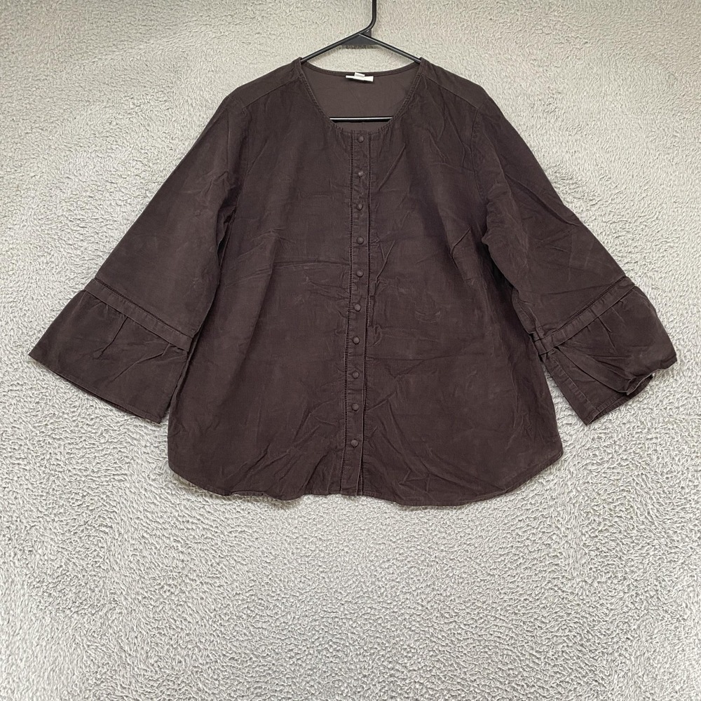 J. Jill Corduroy Top Womens 1X Brown Button Front 3/4 Bell Sleeve Fall